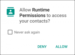 requestPermissions()하면 뜨는 권한요청 다이알로그. 한번 이상 거절을 선택하면 다시보지않기가 보이는데, 이것을 체크할 경우 다시는 이 다이알로그를 볼 수 없다.